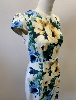 Womens, Dress, Short Sleeve, BETSEY JOHNSON, Cream, Green, Mustard Yellow, Blue, Polyester, Spandex, Floral, Sz.4, Oversized Flowers Print in Front Only, Stretchy Fabric, Cap Sleeves, Round Neck, Sheath Dress, Knee Length, Exposed Silver Zipper in Back