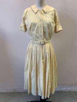 N/L, Yellow, Cotton, Solid, Short Sleeves, Shirt Waist, Collar with Rounded Shape, Pleated Skirt/Bottom, Knee Length, Pintucks Along Shoulder Seam, Early **With Matching Belt, Barcode: CF011493