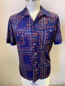 Mens, Shirt Disco, HAND MADE BY IRENE, Navy Blue, Tomato Red, Beige, White, Polyester, N:16, L, Red Flowers, Beige Grid Lines, with White Dots in Background, Short Sleeves, Snap Front, Collar Attached, Western Style Yoke, 2 Pockets with Pointed Flaps and Snap Closure, Made To Order