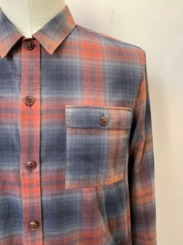 Mens, Casual Shirt, Ted Baker, Gray, Charcoal Gray, Rust Orange, Cotton, Plaid, 42, 17.5, L/S, Button Front, Collar Attached, Chest Pockets