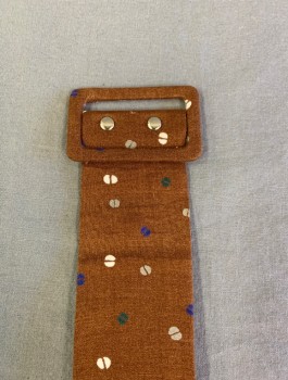 Brown, White, Blue, Dk Green, Gray, Rayon, Circles, Matching Belt, Goes With Dress (CF016916), Fabric Covered, 2" Wide, Self Fabric Rectangular Buckle