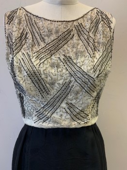 NO LABEL, Black, Beige, Polyester, Solid, Sleeveless, Scoop Neck,  Beaded Chest with Diamonds, Pleated, Back Zipper,