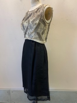 NO LABEL, Black, Beige, Polyester, Solid, Sleeveless, Scoop Neck,  Beaded Chest with Diamonds, Pleated, Back Zipper,