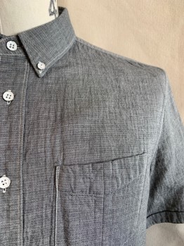 Mens, Casual Shirt, RAG & BONE, Gray, Cotton, Solid, Heathered, L, Button Down Collar, Button Front, S/S, 1 Pocket, Cuffed
