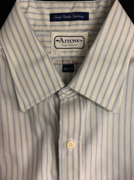 Mens, Dress Shirt, ARROW, Cream, Blue, Brick Red, Cotton, Stripes - Vertical , 33, 16.5, L/S, One Pocket