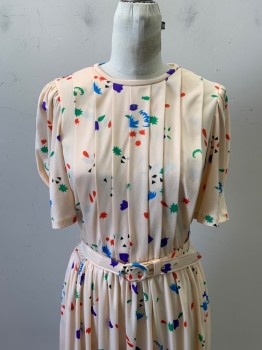 NL, Lt Pink, Dk Purple, Green, Blue, Polyester, Abstract , With Matching Belt, Round Neck,  Pleated Front, Gathered At Waist, S/S