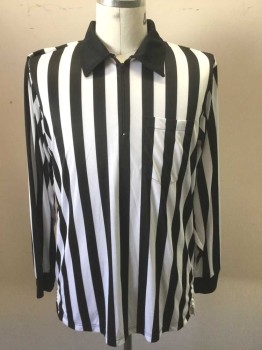 Unisex, Referee Shirt, SMITTY, Black, White, Polyester, Stripes - Vertical , L, Long Sleeves, Pullover, Solid Black Collar Attached, Zip at Center Front Neck, 1 Patch Pocket, Black Cuffs