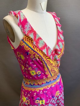 Womens, Dress, Sleeveless, SALONI, Fuchsia Pink, Yellow, Sea Foam Green, White, Blue, Silk, Abstract , Floral, Sz.4, Surplice V-neck with Self Ruffled Edge, Hem Above Knee, Horizontal Panels at Hem with Varying Widths of Pleats, Invisible Zipper in Back