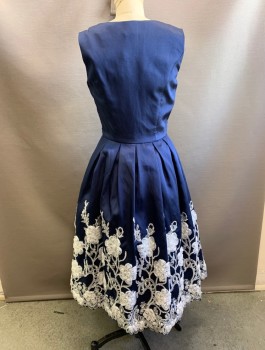 CHI CHI CLOTHING, Navy Blue, White, Silver, Polyester, Solid, Floral, Sleeveless, V-neck, Full Skirt with White and Silver Floral Appliques at Hem, Pleated Waist, Layer of Tulle Underneath for Volume, Hem Below Knee