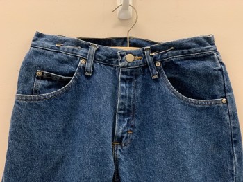 Mens, Jeans, WRANGLER, Denim Blue, Cotton, Solid, 29.5, 30/, F.F, Top Pockets, 2 Patch Pockets At Back, Zip Front, Belt Loops,