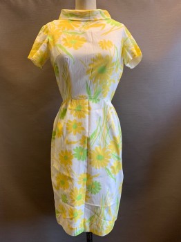 Betty Barklay, White, Yellow, Lime Green, Polyester, Floral, S/S, CN, Back Zipper,