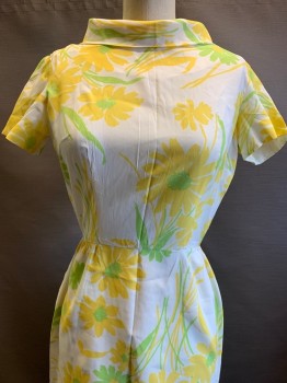 Betty Barklay, White, Yellow, Lime Green, Polyester, Floral, S/S, CN, Back Zipper,
