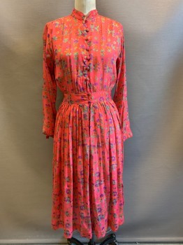 Jane Andre, Raspberry Pink, Purple, Green, Orange, Silk, Floral, L/S, Button Front, Pleated, Sheer,
