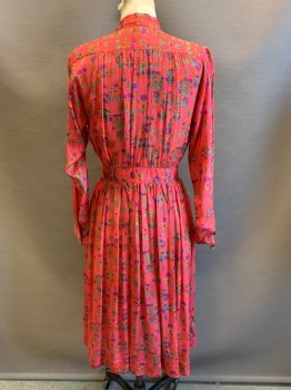 Jane Andre, Raspberry Pink, Purple, Green, Orange, Silk, Floral, L/S, Button Front, Pleated, Sheer,