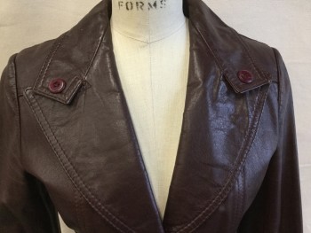 Womens, Leather Jacket, WILSONS , Dk Brown, Leather, Solid, W:26, B:34, Peek Lapel with a Button, Button Front, 2 Pockets, Long Sleeves, 2 Wedge Seams Back, Reddish-brown Lining