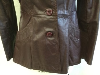 Womens, Leather Jacket, WILSONS , Dk Brown, Leather, Solid, W:26, B:34, Peek Lapel with a Button, Button Front, 2 Pockets, Long Sleeves, 2 Wedge Seams Back, Reddish-brown Lining