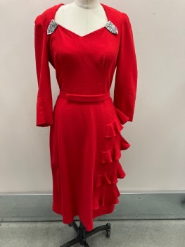 N/L, Red, Polyester, Solid, V-N, With Silver & Rhinestone Arow Shape Detail , 3/4 Sleeves, Darts At CF, Ruffle On Side,  CB Zip & Darts,  Attached Belt