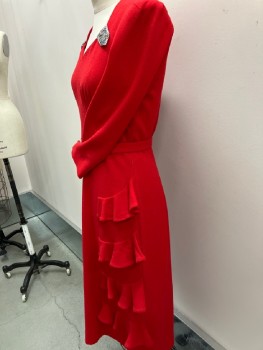 Womens, Dress, N/L, Red, Polyester, Solid, W30, B36, H34, V-N, With Silver & Rhinestone Arow Shape Detail , 3/4 Sleeves, Darts At CF, Ruffle On Side,  CB Zip & Darts,  Attached Belt