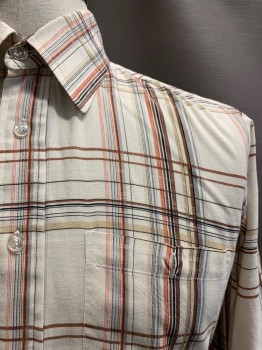 Mens, Casual Shirt, LEW MAGRAM, Cream, Multi-color, Poly/Cotton, Plaid, 35, 15.5, C.A., Button Front, L/S, 1 Pocket, Brown, Beige, Black, And Orange Colors