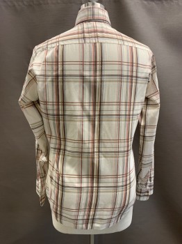Mens, Casual Shirt, LEW MAGRAM, Cream, Multi-color, Poly/Cotton, Plaid, 35, 15.5, C.A., Button Front, L/S, 1 Pocket, Brown, Beige, Black, And Orange Colors