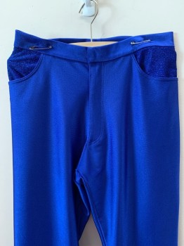 Mens, Pants, NL, Royal Blue, Polyester, 31/32, Disco, Top Pockets, Blue Glitter Pockets & Outer Hem, Zip Front, Bell Bottoms