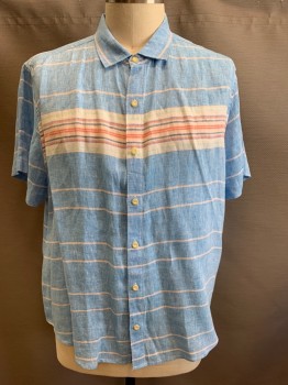 TOMMY BAHAMA, Sky Blue, Ecru, Red, Turquoise Blue, Linen, Stripes - Horizontal , Short Sleeves, Collar Attached,