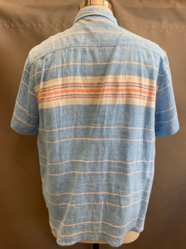 TOMMY BAHAMA, Sky Blue, Ecru, Red, Turquoise Blue, Linen, Stripes - Horizontal , Short Sleeves, Collar Attached,