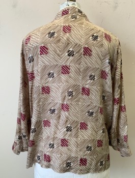 DRESS BARN WOMAN, Taupe, Red Burgundy, Black, White, Silk, Abstract , Squares, Long Sleeves, Button Front, Notched Collar Attached, 1 Patch Pocket