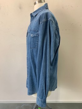 Mountain Khakis, Denim Blue, Cotton, Solid, L/S, Button Front, C.A., 2 Pockets, White Pearl Buttons, "MK" Embroidered on Back Right Shoulder