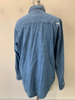 Mens, Western, Mountain Khakis, Denim Blue, Cotton, Solid, L, L/S, Button Front, C.A., 2 Pockets, White Pearl Buttons, "MK" Embroidered on Back Right Shoulder