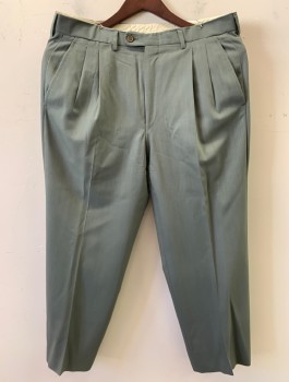 Mens, 1980s Vintage, Suit, Pants, ZEGNA, Olive Green, Wool, Solid, 27, 34, Dbl Pleats, 5 Pockets, Belt Loops, Offset Button at Waist