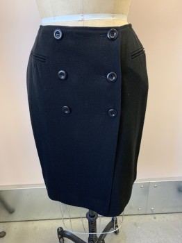 Womens, Skirt, PHILIPPE ADEC, Black, Wool, Viscose, H38, W28, Button Front, 2 Rows, 2 Welt Pockets. Hem At Knee