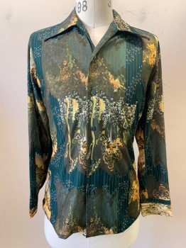 Mens, Shirt, JC PENNEY, Emerald Green, Olive Green, Gold, Beige, Polyester, Abstract , M, L/S, Button Front, Collar Attached,