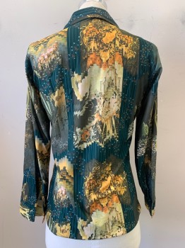 JC PENNEY, Emerald Green, Olive Green, Gold, Beige, Polyester, Abstract , L/S, Button Front, Collar Attached,