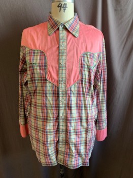 Mens, Western, ANTO, Pink, Navy Blue, Red, French Blue, Poly/Cotton, Plaid, 36, 20.5/, C.A., Button Front, L/S, Pink Yoke, Sea Foam Green Piping