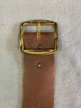 N/L, Brown, Leather, Solid, Lightly Aged, 1 3/4" Wide, Gold Square Buckle