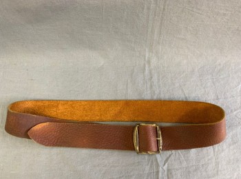 Unisex, Historical Fiction Belt, N/L, Brown, Leather, Solid, W:35, Lightly Aged, 1 3/4" Wide, Gold Square Buckle
