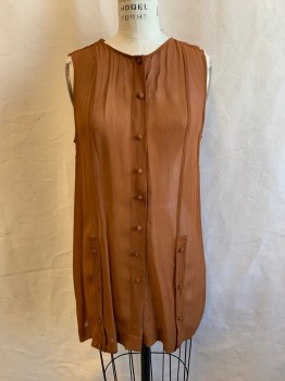 Womens, Top, MAEVE, Brown, Synthetic, Solid, 8, Fabric Covered Button Front, Sleeveless, Chiffon, Button Placket From Hem Detail