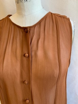 Womens, Top, MAEVE, Brown, Synthetic, Solid, 8, Fabric Covered Button Front, Sleeveless, Chiffon, Button Placket From Hem Detail