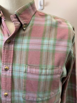 Mens, Casual Shirt, NL, Mauve Pink, Green, Aqua Blue, Cotton, Plaid, S34, N17.5, L/S, Button Front, Button Down Collar, Chest Pocket, Tortoise Shell Buttons