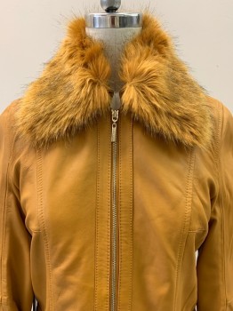 MARCIANO, Mustard Yellow, Leather, Solid, L/S, Detachable Fur Collar, Zipper Details, Zip Front,
