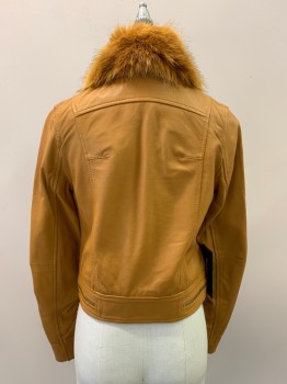 Womens, Leather Jacket, MARCIANO, Mustard Yellow, Leather, Solid, XS, L/S, Detachable Fur Collar, Zipper Details, Zip Front,