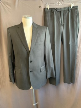 BROOKS BROTHERS, Black, White, Wool, Stripes - Pin, Notched Lapel, Single Breasted, Button Front, 2 Buttons, 3 Pockets