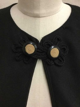 Womens, Cape 1890s-1910s, NO LABEL, Black, Wool, Solid, O/S, Plastic Button Neck Closures with Frogs