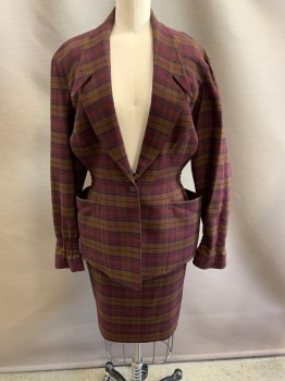 THIERRY MUGLER, Red Burgundy, Tan Brown, Navy Blue, Wool, Plaid, C.A., Snap Front, 2 Pockets, Elastic Waist