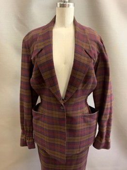 THIERRY MUGLER, Red Burgundy, Tan Brown, Navy Blue, Wool, Plaid, C.A., Snap Front, 2 Pockets, Elastic Waist