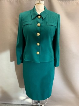 Womens, 1980s Vintage, Suit, Jacket, HERBERT GROSSMAN, Dk Green, Wool, B:40, C.A., Single Breasted, B.F, Gold Flower Buttons, 2 Pockets, Small Black Stains