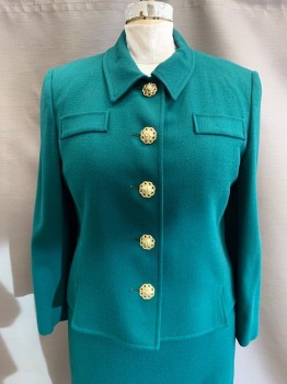 Womens, 1980s Vintage, Suit, Jacket, HERBERT GROSSMAN, Dk Green, Wool, B:40, C.A., Single Breasted, B.F, Gold Flower Buttons, 2 Pockets, Small Black Stains