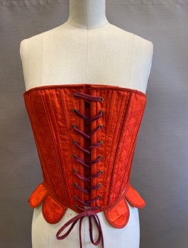 N/L, Red, Polyester, Paisley/Swirls, Jacquard, Dark Red Piping, Boned, Lace Up In Front And Back, Tabs At Waist