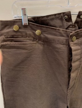 Mens, Historical Fiction Pants, NL, Brown, Cotton, Solid, 37, 37, F.F, Button Front, 3 Pockets, Metal Suspender Buttons, Back Half Belt, 1 Pocket, Aged